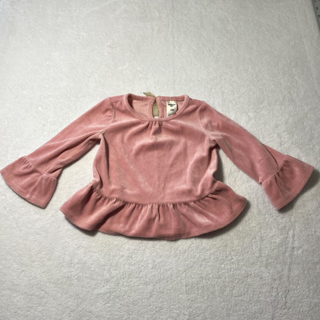 Oshkosh B'gosh Shirt Girls 18m Pink Velvet Ruffle Top Long Sleeve Soft Bow